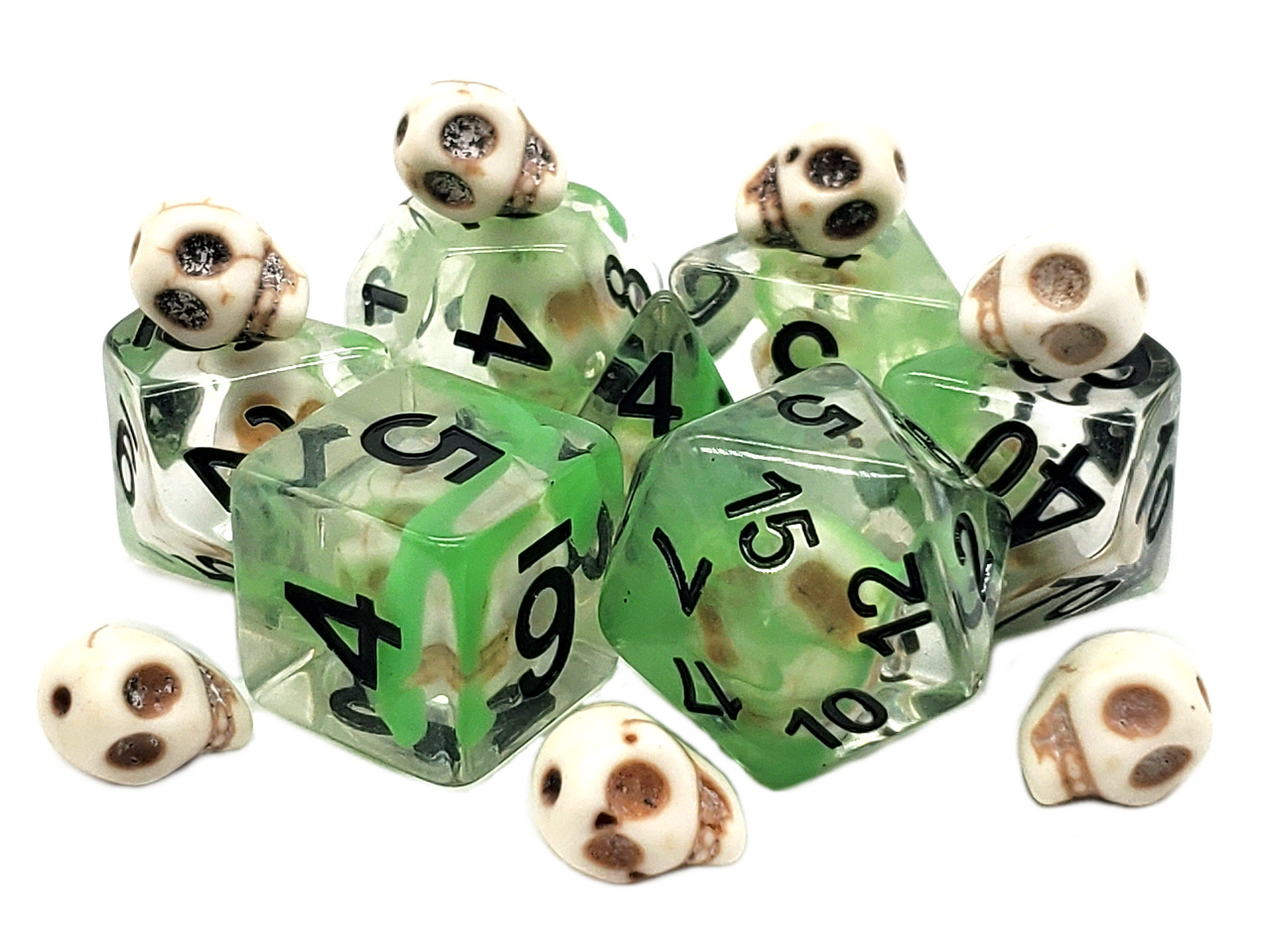 Old School Dice: 7-die Set: Infused - Skull - Green